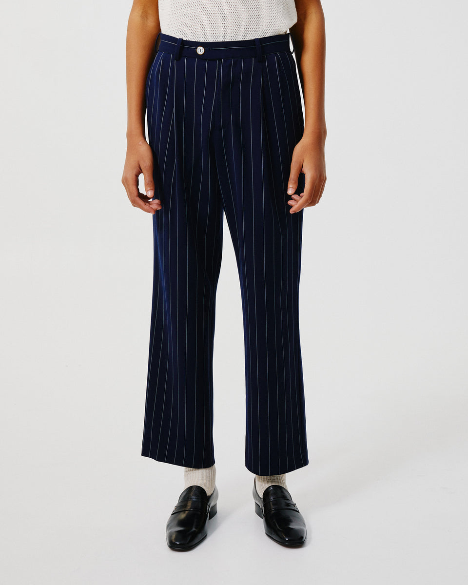 Late Checkout Navy Pinstripe Trousers