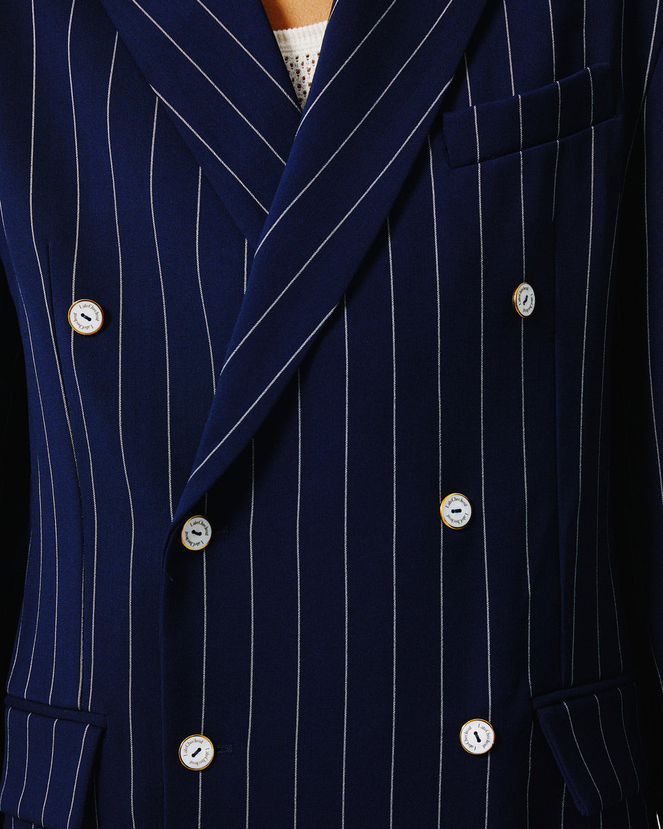 Late Checkout Navy Pinstripe DoubleBreasted Blazer