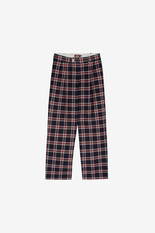 Navy Checkered Double Pleated Trousers