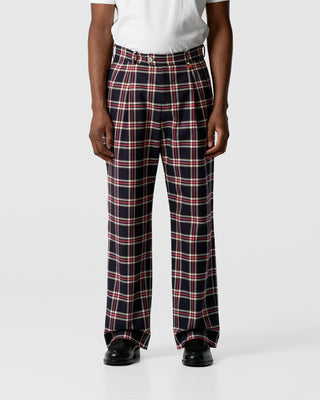 Navy Checkered Double Pleated Trousers