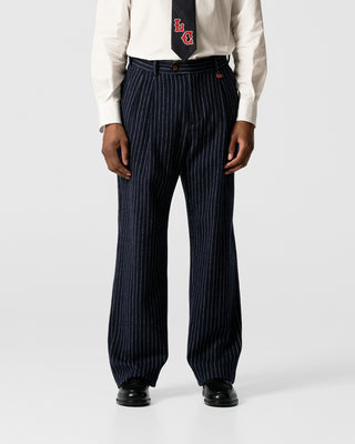 Navy Pinstripe Double Pleated Trousers